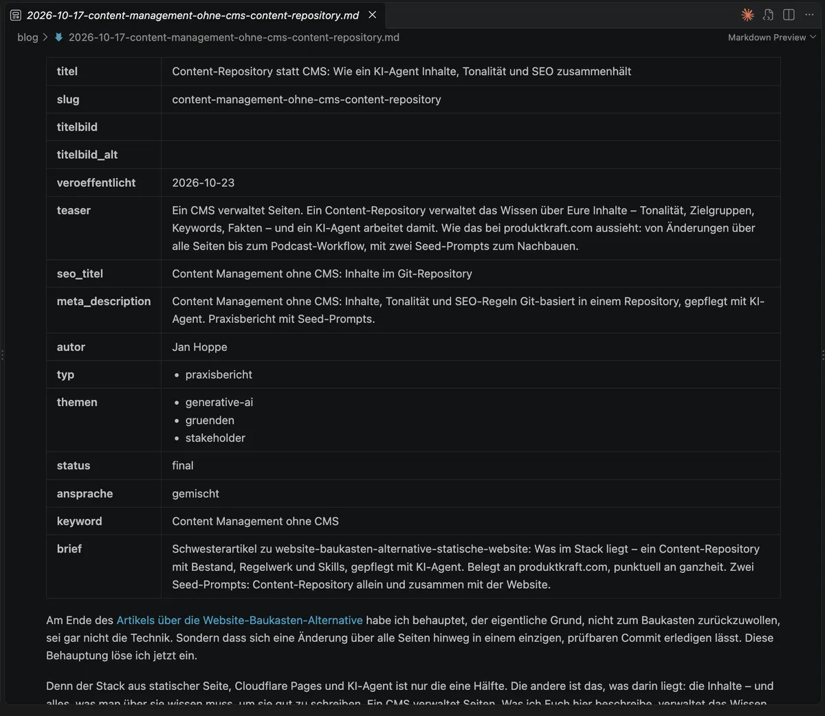 Der Kopf dieses Artikels in der Markdown-Vorschau von VS Code: neben Titel, Slug, Teaser und SEO-Feldern auch Status, Ansprache, Keyword und der Brief