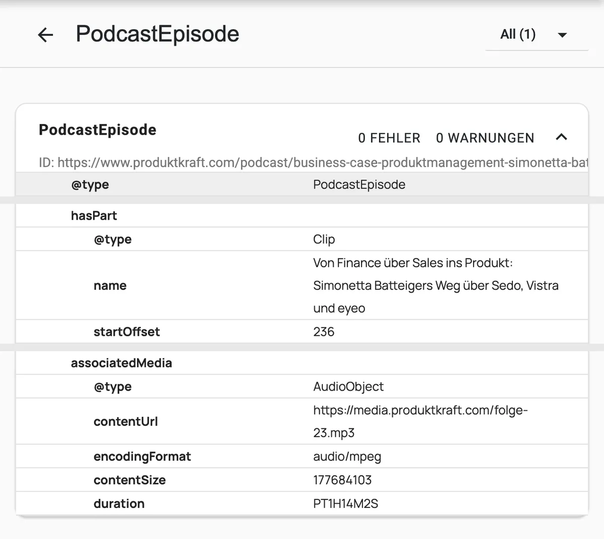 Ergebnis des Schema-Validators für eine Podcastfolge: PodcastEpisode ohne Fehler und Warnungen, mit Kapitelmarke als Clip und der Audiodatei als AudioObject