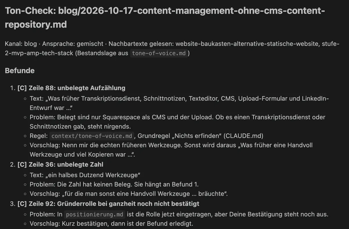 Ausgabe des Ton-Checks für diesen Artikel: nummerierte Befunde mit Zeilennummer, Zitat aus dem Text, Problem, verletzter Regel und Vorschlag