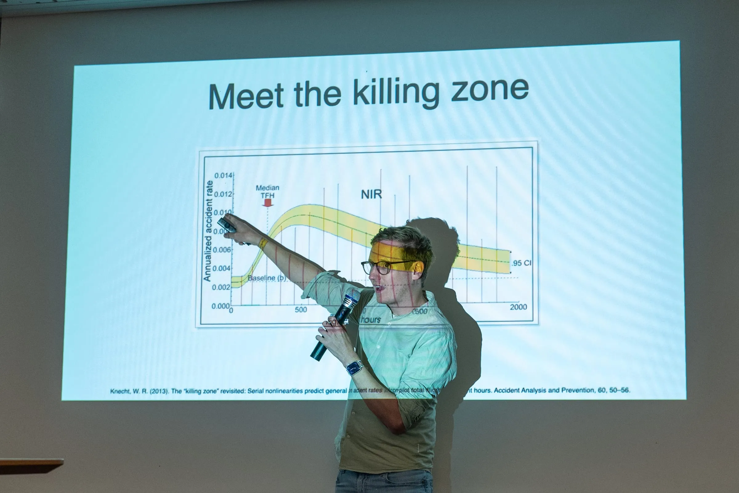 Jan Hoppe pointing at a curve in a chart during a talk