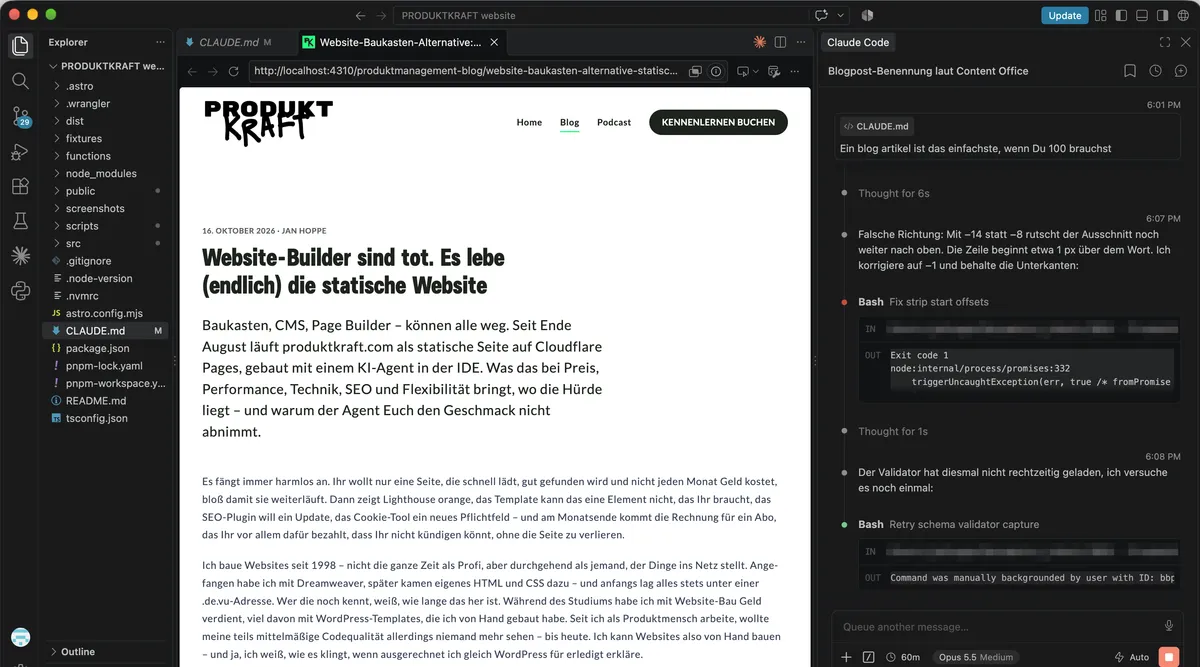 VS Code mit der lokalen Vorschau dieses Artikels unter localhost in der Mitte und dem KI-Agent rechts daneben