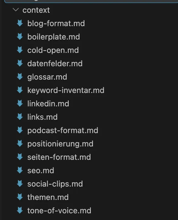 Der Ordner context/ meines Content-Repositorys in VS Code, von blog-format.md über glossar.md, keyword-inventar.md, positionierung.md und seo.md bis tone-of-voice.md