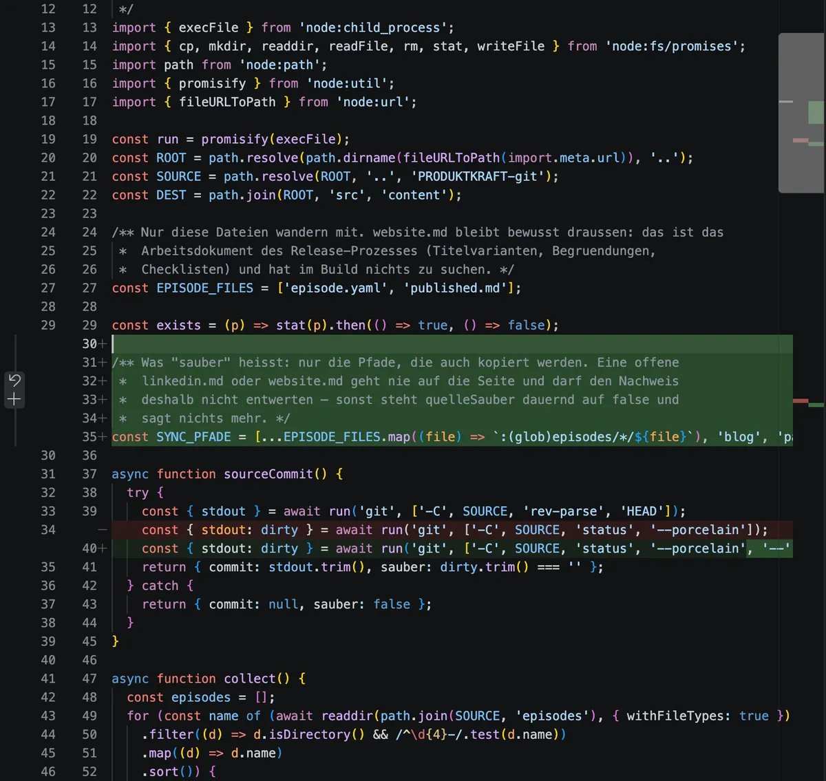 Diff in VS Code: eine Änderung des Agents an scripts/content.mjs, zur Prüfung vor dem Commit